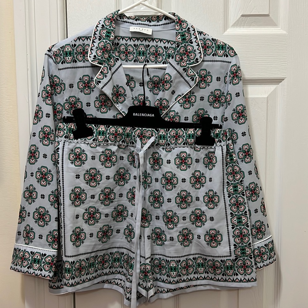 Sandro Pajama Style Silk Button Down Shirt and shorts